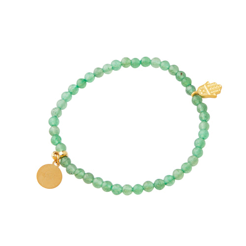 Elegant and unique Green Aventurine bracelet with a hamsa charm and details in 18k gold-plated 925 Sterling Silver and brass.
