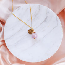 Ladda upp bild till gallerivisning, Unique and minimalist 80 cm long Kunzite necklace. Presented on marble and pink silk fabric.
