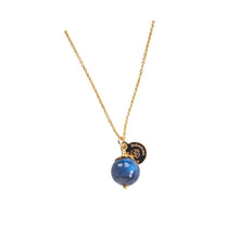 Load image into Gallery viewer, Elegant and minimalistic Labradorite necklace with details in 18k gold plated sterling silver and brass.
