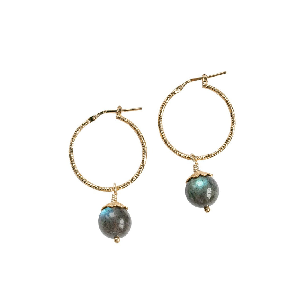 Sparkling creole labradorite earrings with detail is 18k gold plated sterling silver. Perfect for party and office outfit to keep the vibe high