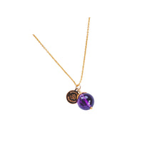 Load image into Gallery viewer, Elegant and minimalistic amethyst necklace with details in 18k gold-plated 925 Sterling silver and brass. Chain is 80 cm long. High grade amethyst gemstone.
