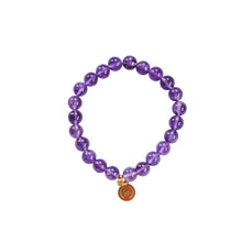 Load image into Gallery viewer, Elegant and stylish elastic Amethyst bracelet with high grade gemstones and details in 18k gold plated 925 sterling silver and brass.
