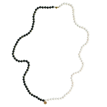 Load image into Gallery viewer, Elegant long handknotted pearl collier necklace with freshwater pearls and goldsheen obsidan
