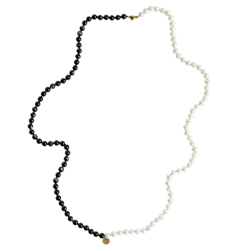 Elegant long handknotted pearl collier necklace with freshwater pearls and goldsheen obsidan