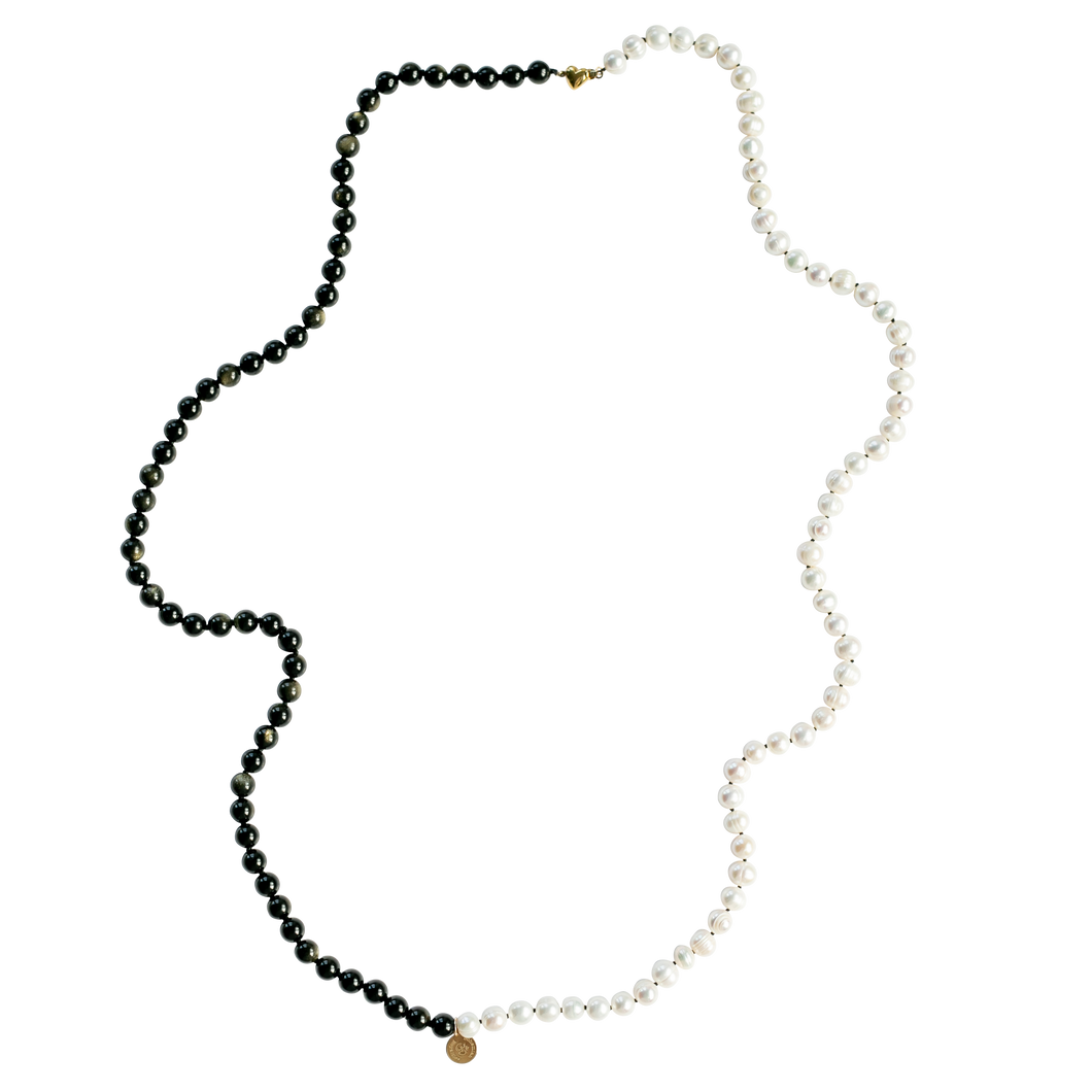 Elegant long handknotted pearl collier necklace with freshwater pearls and goldsheen obsidan