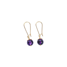 Load image into Gallery viewer, Elegant long Amethyst earrings with details in 18k gold-plated 925 sterling silver. 
